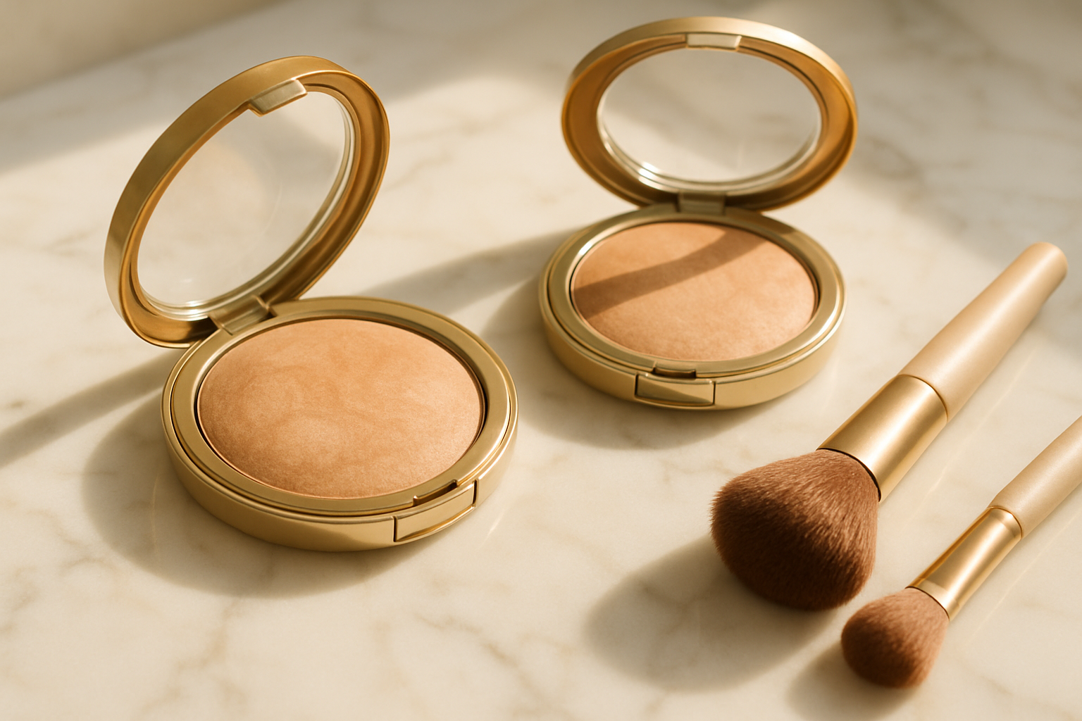 Baked powder foundation compacts on a vanity — makeup for mature skin
