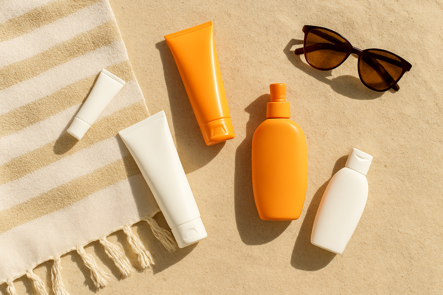 Australian sunscreen bottles on a beach towel — SPF label guide