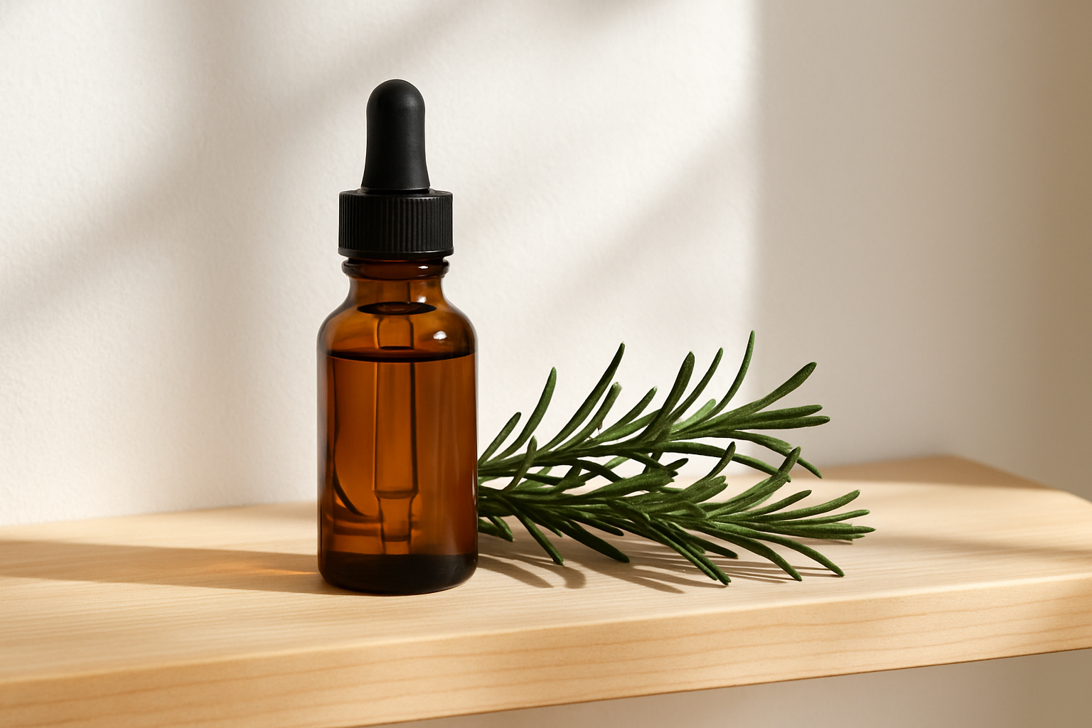 Rosemary oil dropper bottle with fresh rosemary — hair care guide