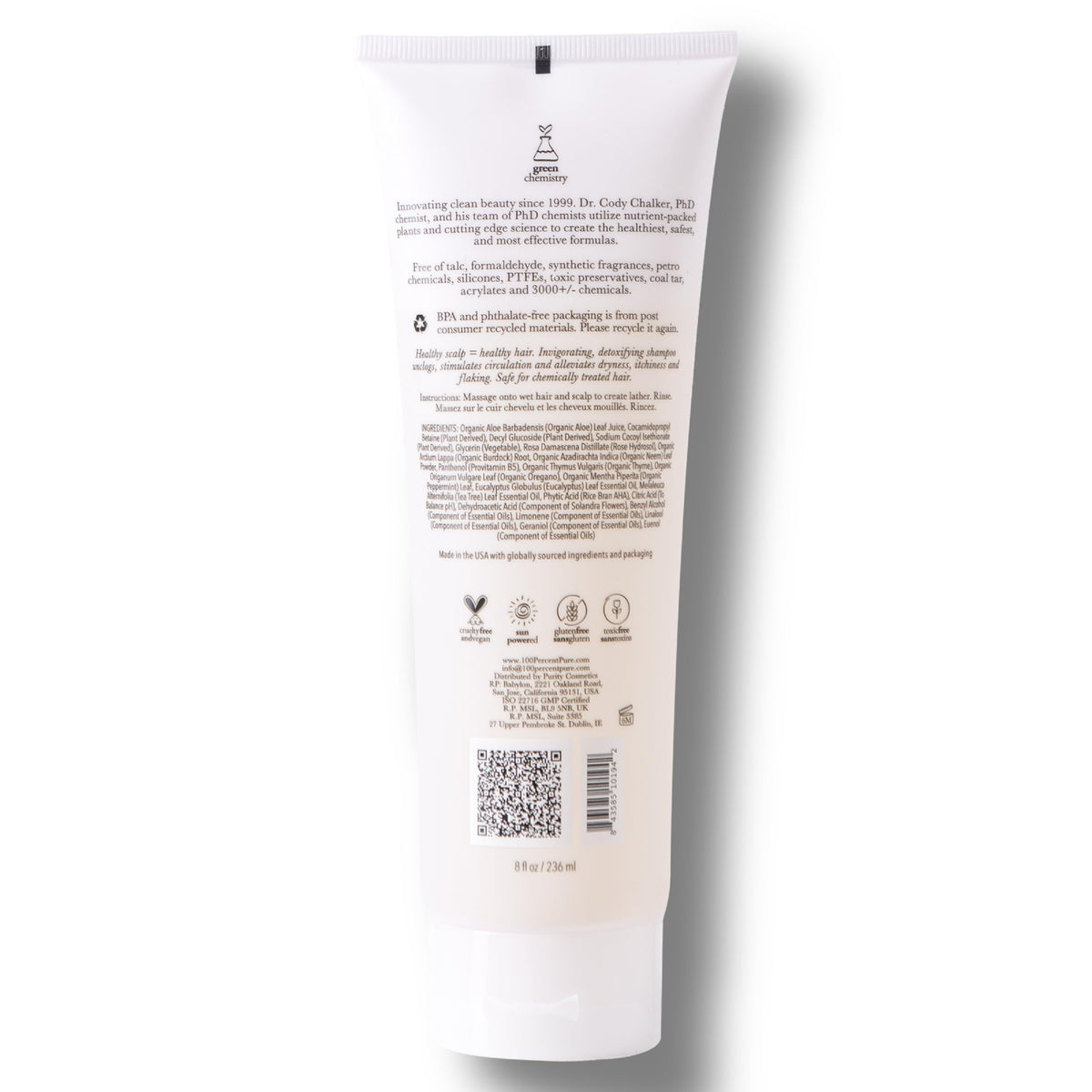 100% PURE shampoo in shower setting on shelf, portrays everyday use and nourishing routine