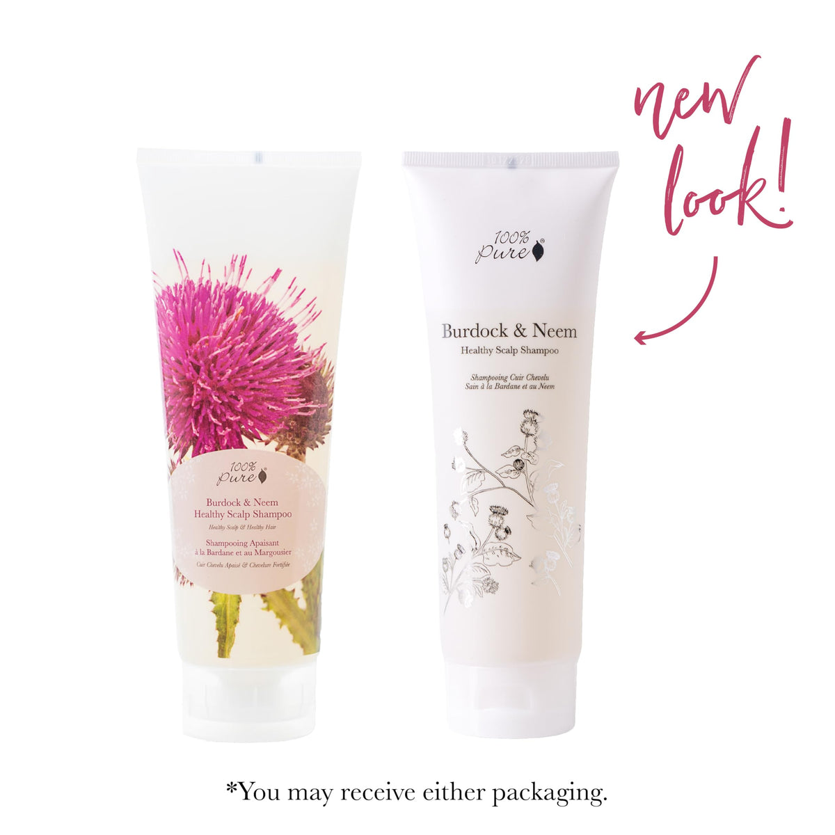 100% PURE bottle with burdock root and neem, communicates botanical ingredients and detox benefit