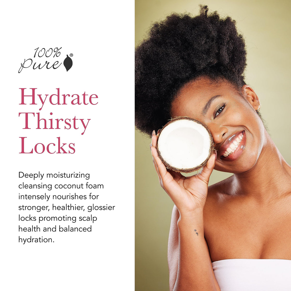 100% PURE shampoo label and pump illustrating clean ingredient list benefit
