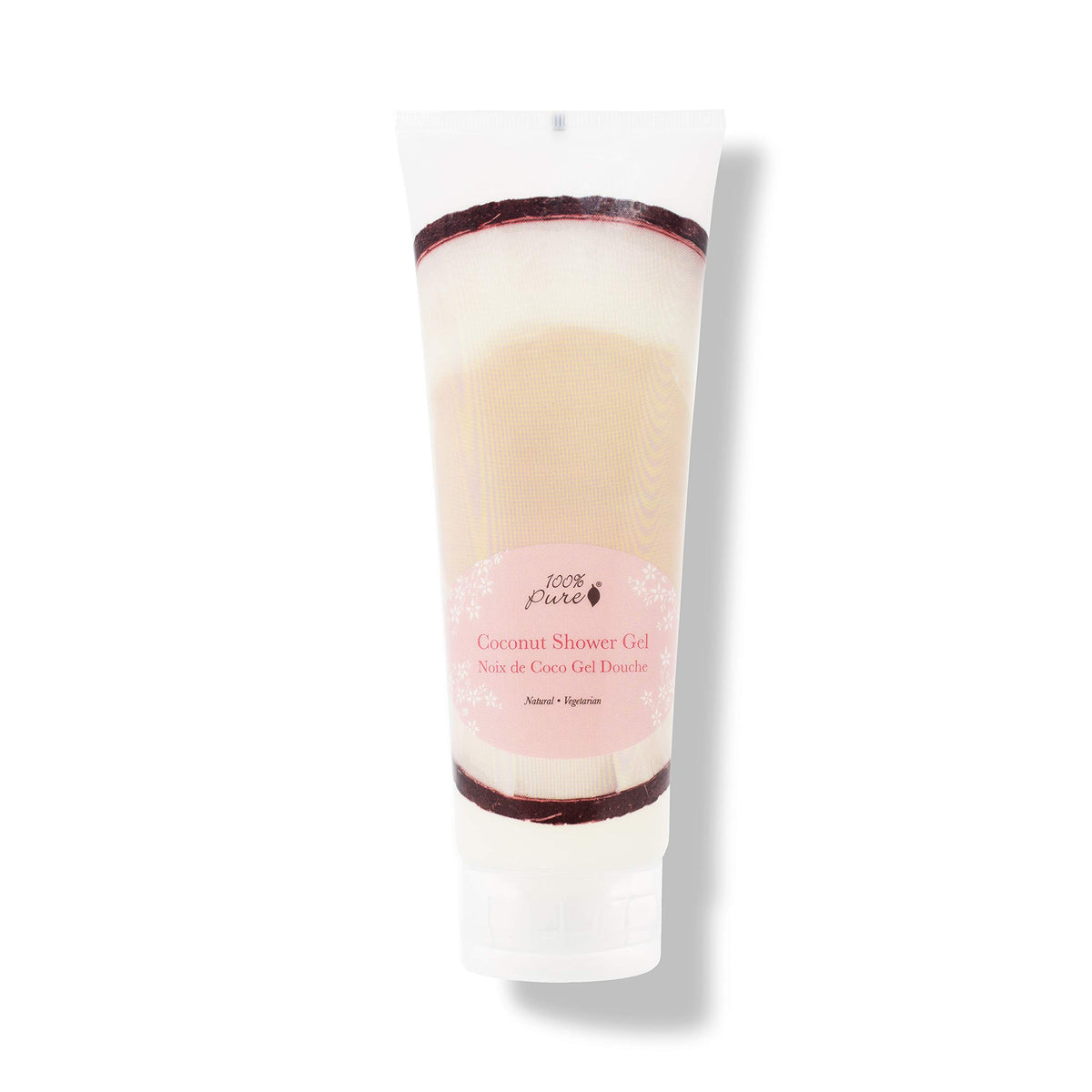 100% PURE bottle front packaging showing clean coconut shower gel benefit gentle cleansing