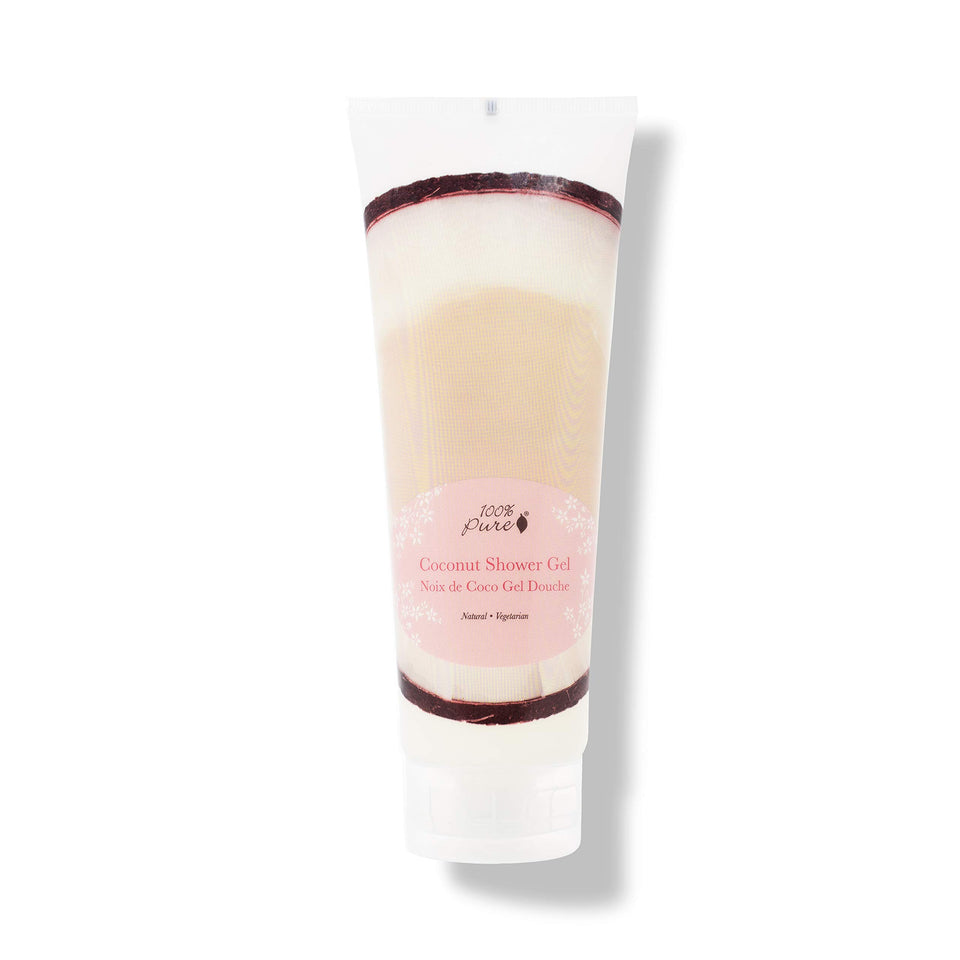 100% PURE bottle front packaging showing clean coconut shower gel benefit gentle cleansing