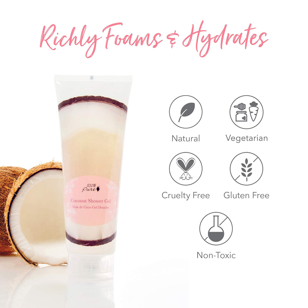 100% PURE in-shower use with lather on skin showing effective daily cleansing