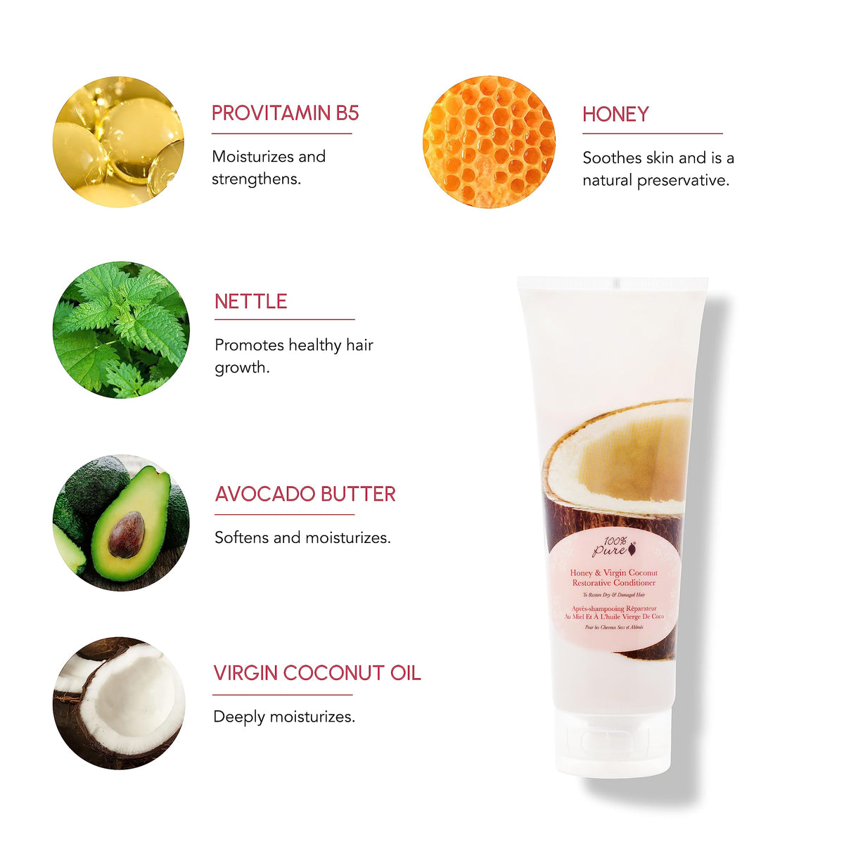 100% PURE ingredient label highlighting honey and virgin coconut benefits
