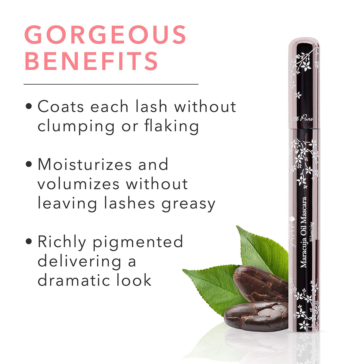 100% PURE mascara texture close-up showing smooth, clump-free formula benefits