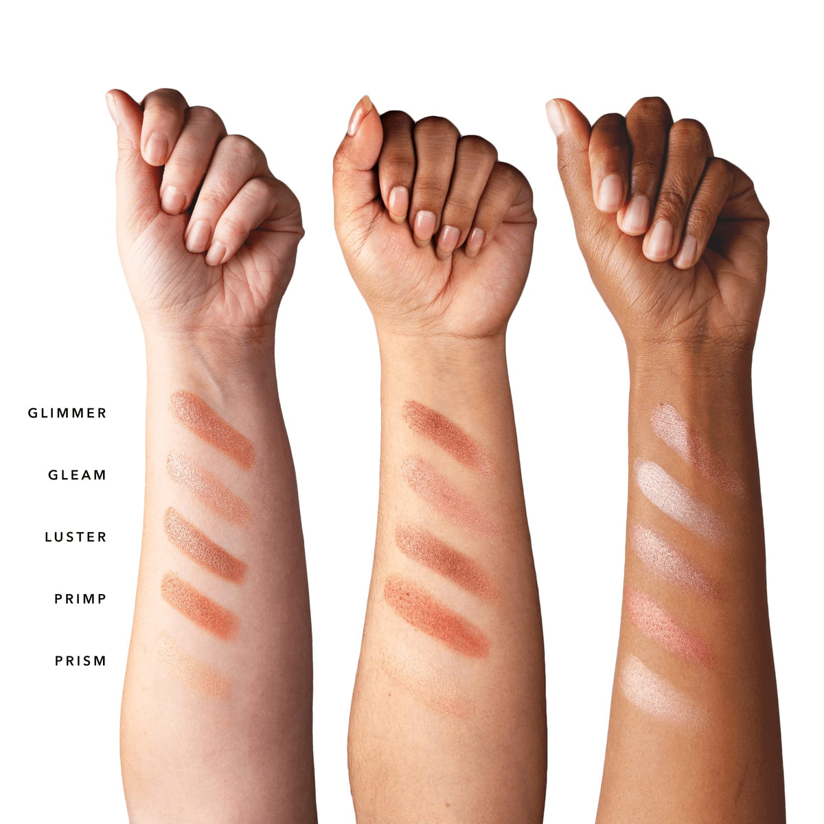 100% PURE arm swatches showing pigment payoff and buildable color