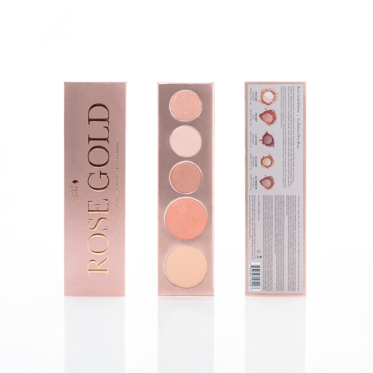 100% PURE open palette displaying three eyeshadows, blush, and highlighter for versatile looks