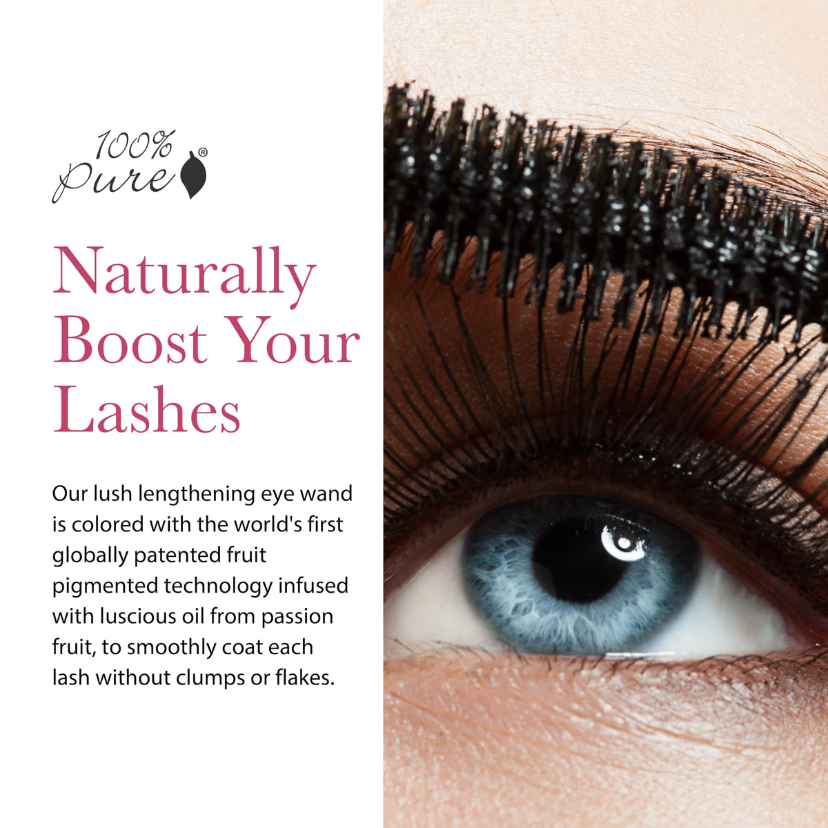 100% PURE wand close-up with tapered oval tip for precise, buildable lash application