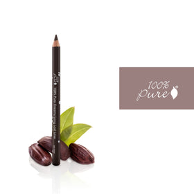 100% PURE pencil staged beside mascara and brush, versatile pairing benefit