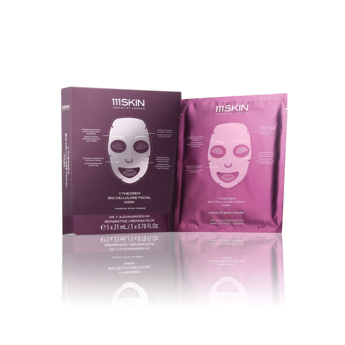 111SKIN front packaging of the Y Theorem bio cellulose mask highlighting set of five