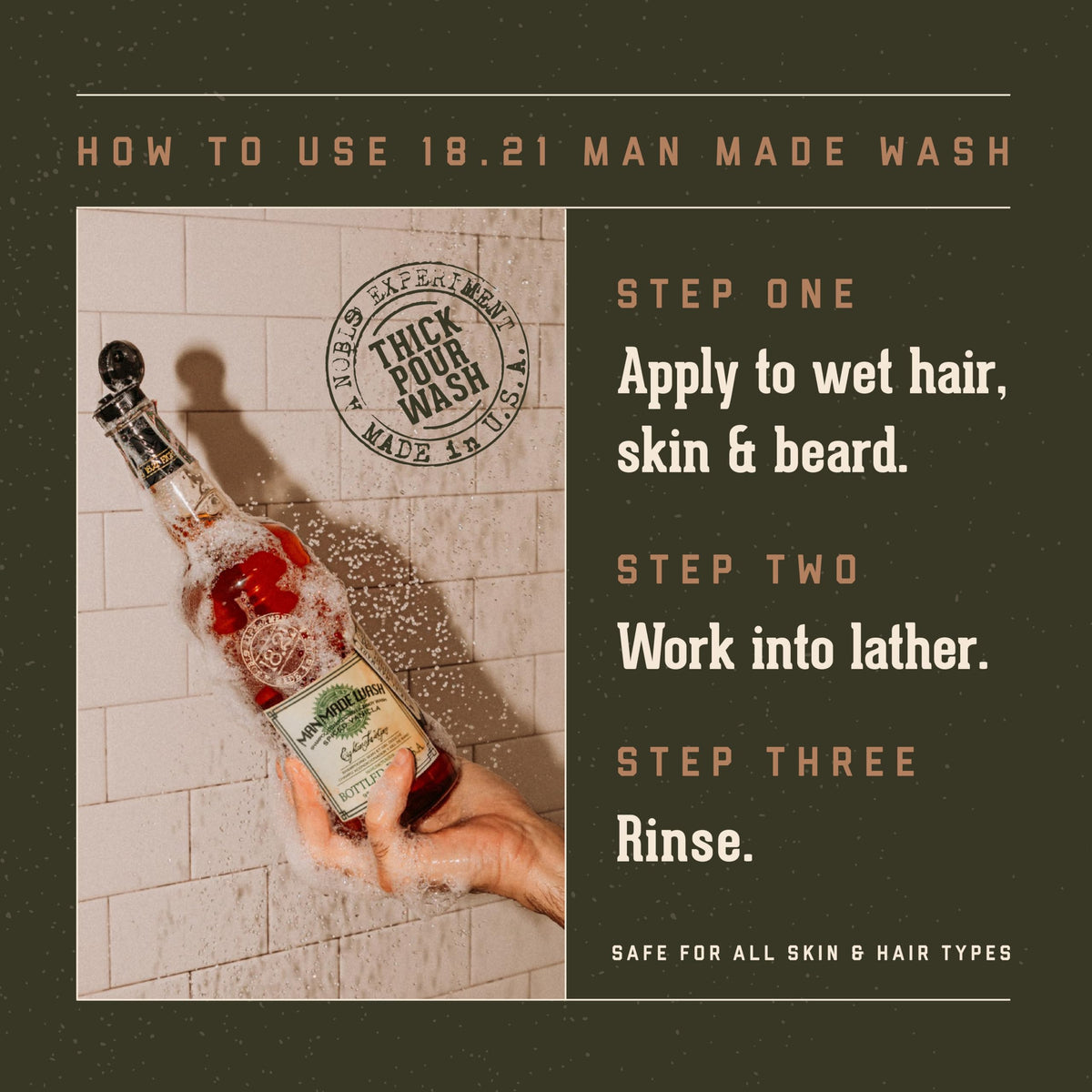 18.21 Man Made bottle on shower shelf illustrating daily grooming convenience