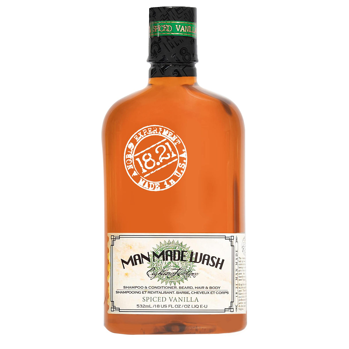 18.21 Man Made front bottle view showcasing spiced vanilla scent and easy use