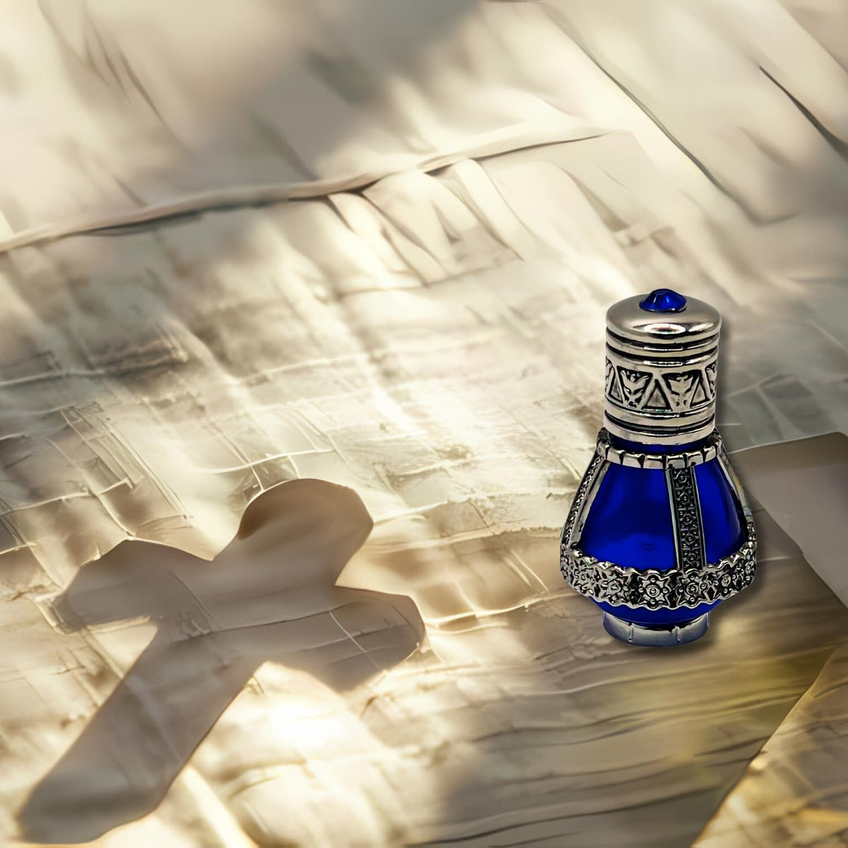 3 Arches USA vial placed with prayer items conveying ceremonial and devotional use