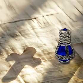 3 Arches USA vial placed with prayer items conveying ceremonial and devotional use