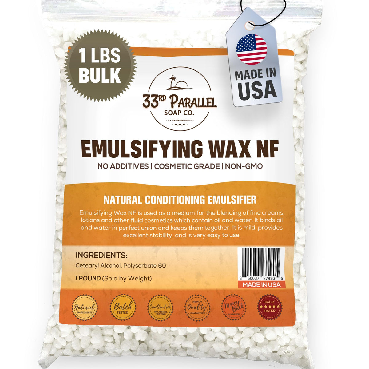 33RD PARALLEL SOAP CO. front packaging of 1 lb emulsifying wax showing resealable pouch and brand