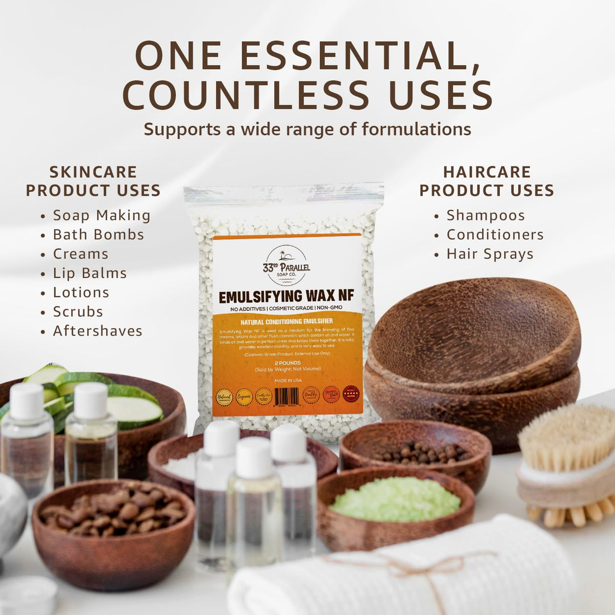 33RD PARALLEL SOAP CO. closeup of smooth plant‑derived pastilles for easy melting