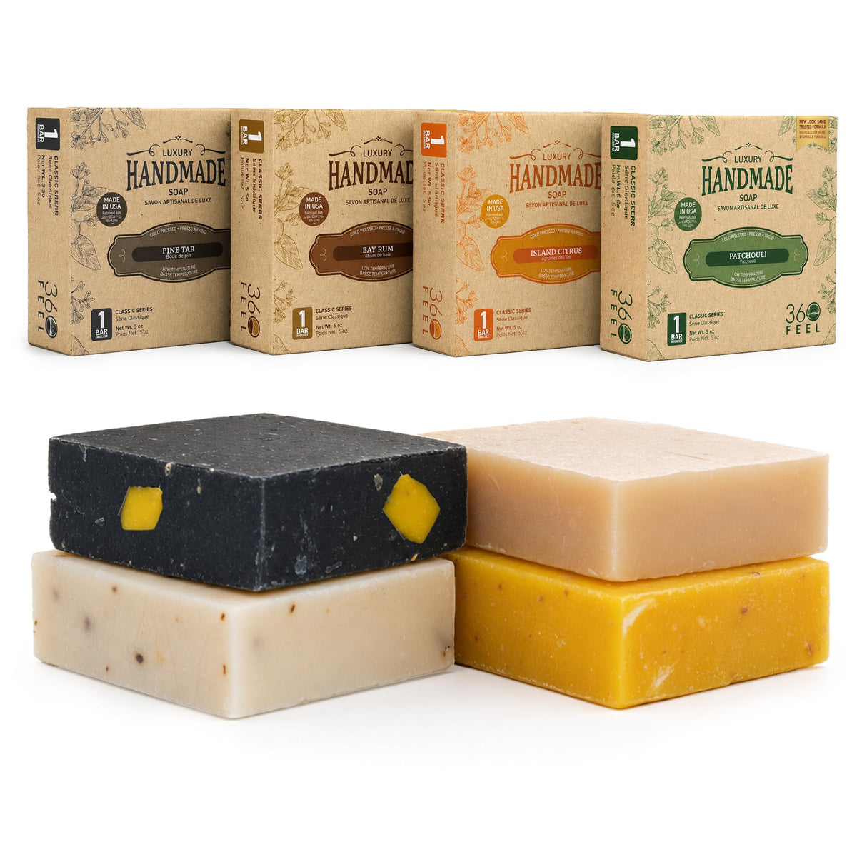 360Feel packaging front view showing four masculine soap bars and gift-ready presentation