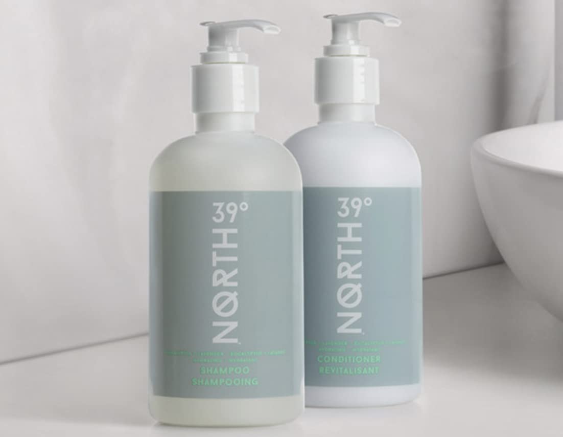 39° North bottles on bathroom shelf, portrays hotel-quality relaxing routine