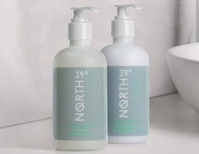 39° North bottles on bathroom shelf, portrays hotel-quality relaxing routine