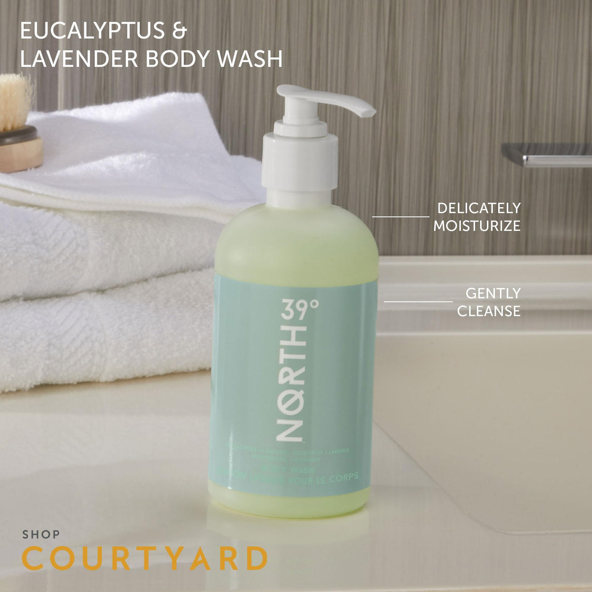 39° North in-shower lifestyle scene illustrating hotel-quality scent and relaxing benefit
