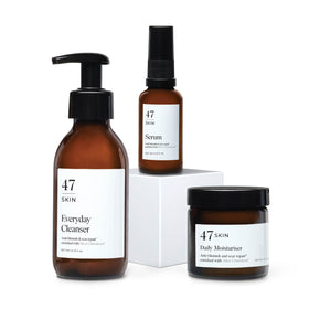 47 Skin front packaging showing cleanser, serum and moisturiser with clear benefits