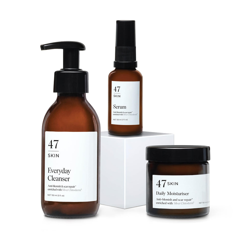47 Skin front packaging showing cleanser, serum and moisturiser with clear benefits
