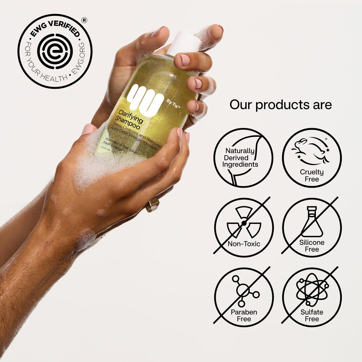 4U by Tia shampoo being used in shower, illustrating deep cleanse benefit