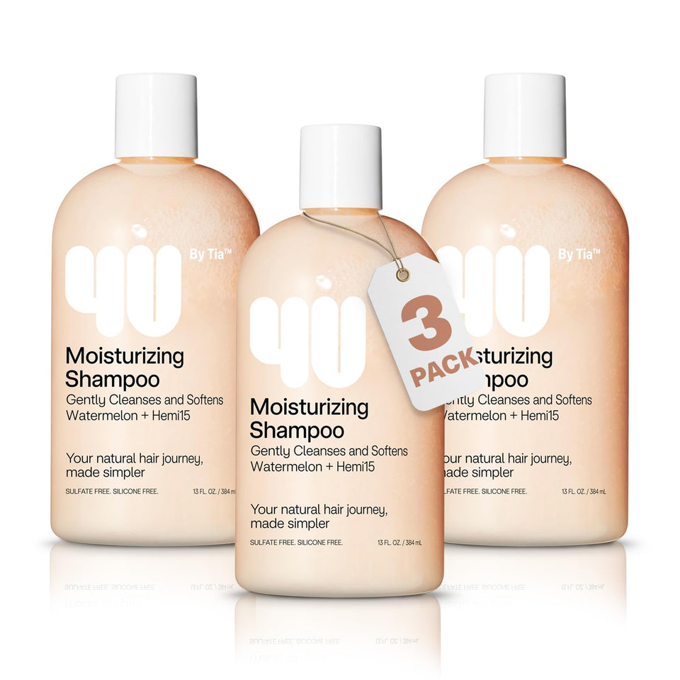 4U by Tia front packaging shows three shampoo bottles and clear product benefits