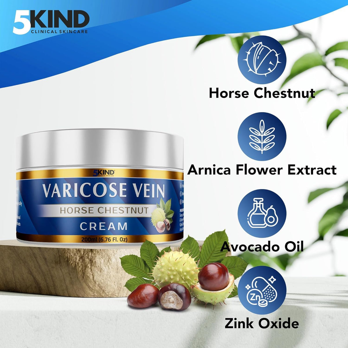 5kind clinical horse chestnut close-up, highlights botanical ingredient and soothing benefit
