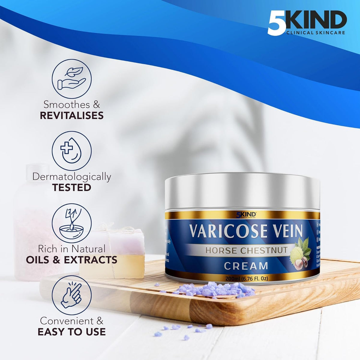 5kind clinical cream applied to leg, shows easy massage-in application and improved feel