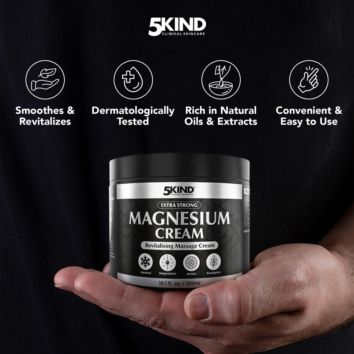 5Kind magnesium cream spread on palm ready for massage, easing muscle tension