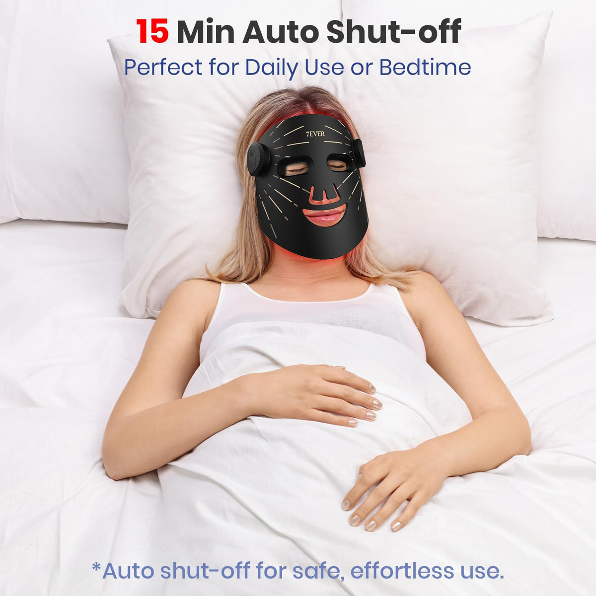 7ever mask on bedside table in a nighttime routine scene for quick 15-minute sessions