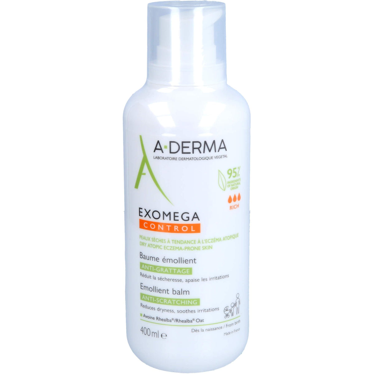 A-Derma Exomega Control front packaging showing 400 ml balm and hygienic dispenser benefit
