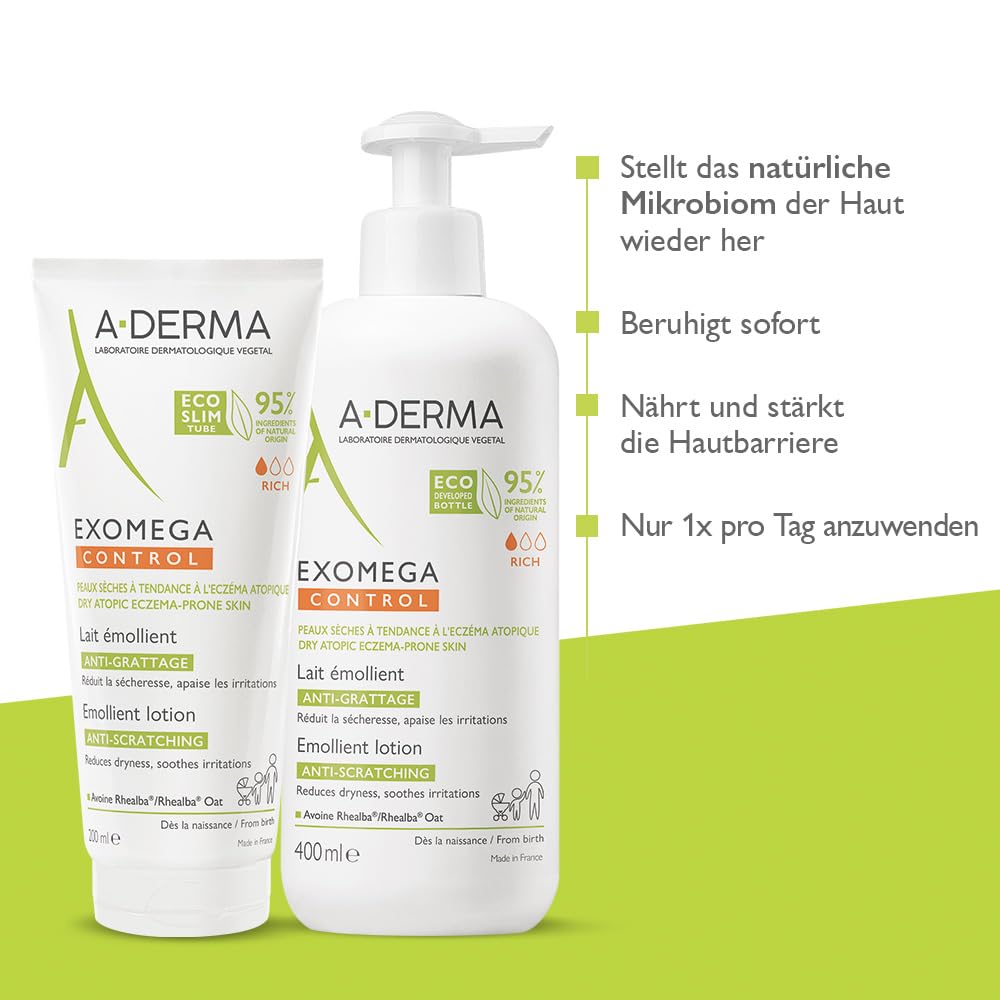 A-Derma 200 ml bottle next to a hand for scale showing practical travel and shelf-friendly size
