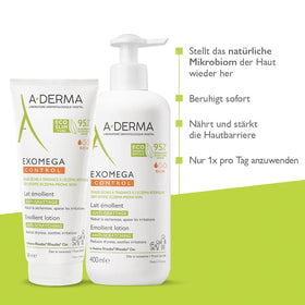 A-Derma 200 ml bottle next to a hand for scale showing practical travel and shelf-friendly size