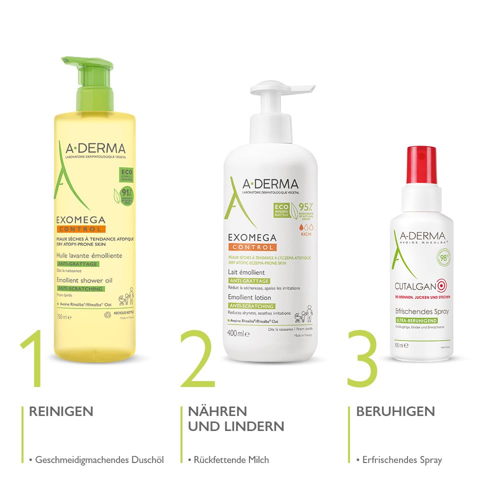 A-Derma bottle placed on bathroom shelf in lifestyle setting suggesting daily routine convenience