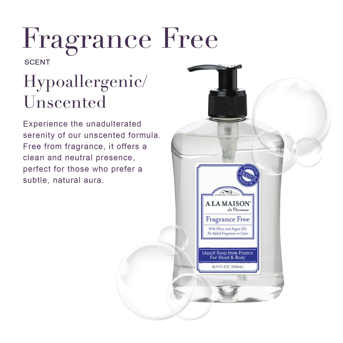 A LA MAISON bottle close-up label highlighting French-made ingredients and gentle formula benefits