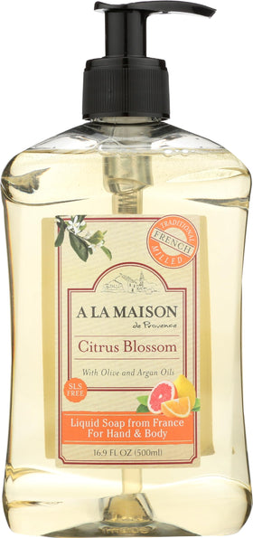 A La Maison front bottle showing citrus blossom scent and benefit of gentle cleanse