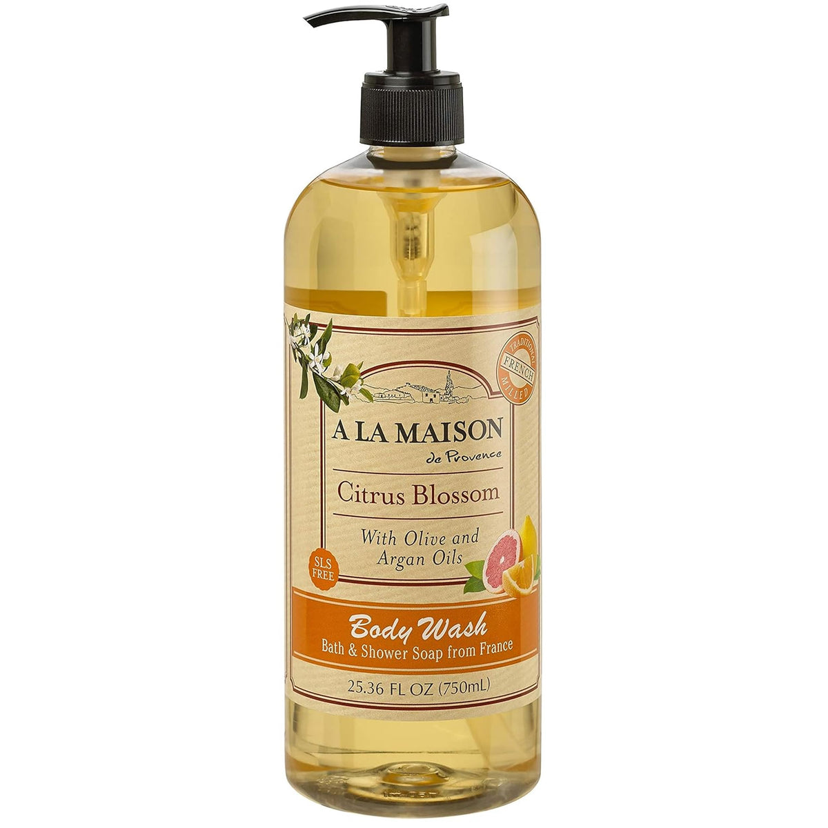 A LA MAISON front packaging showing bottle and citrus blossom branding benefits gentle cleansing