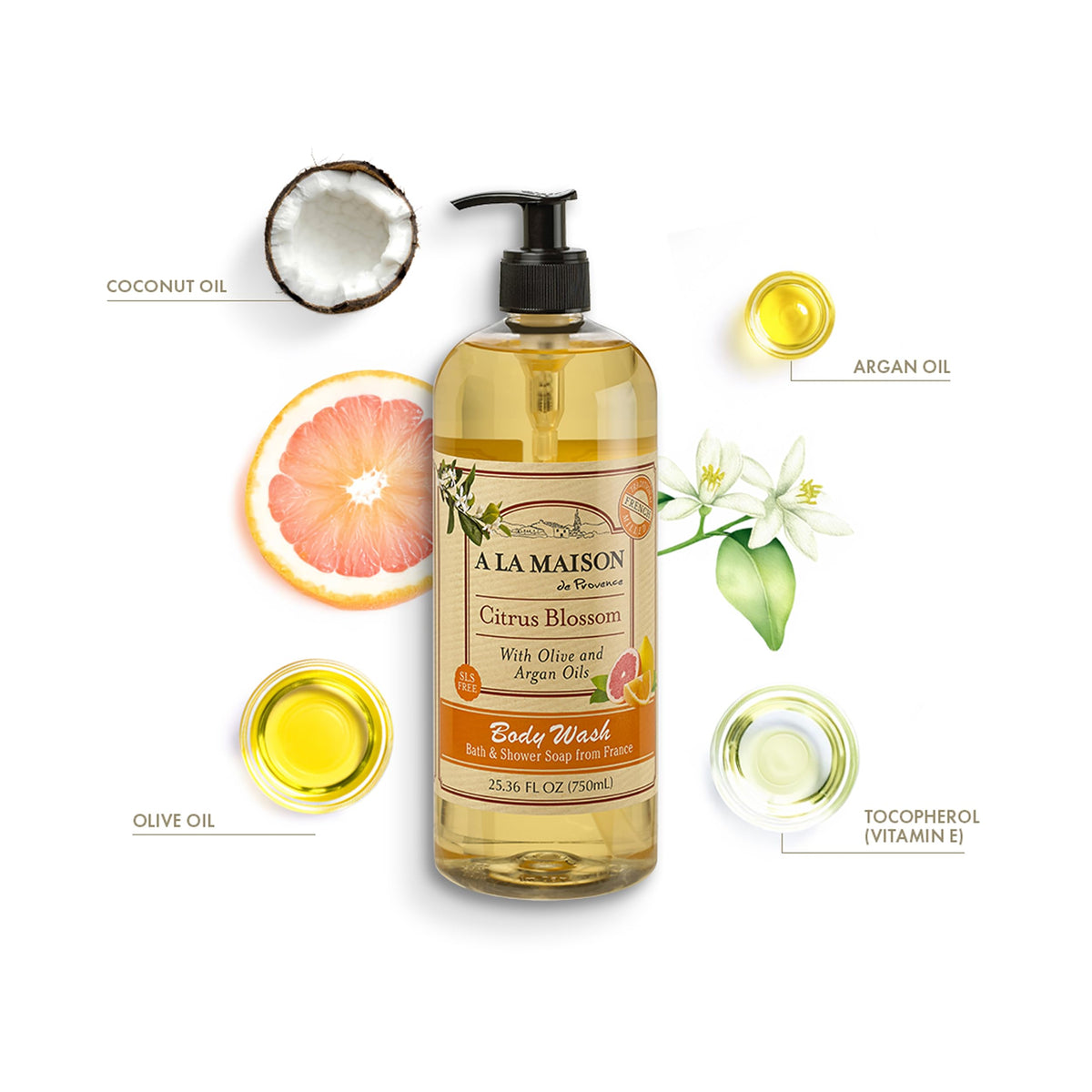 A LA MAISON pump close-up dispensing body wash for easy controlled use benefit