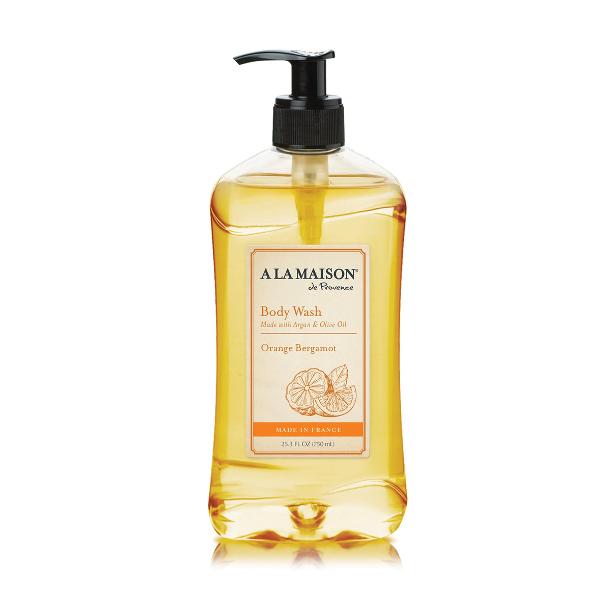 A LA MAISON front bottle showing orange bergamot scent and clear label benefit
