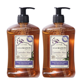 A LA MAISON front packaging showing two bottles and lavender fragrance benefit