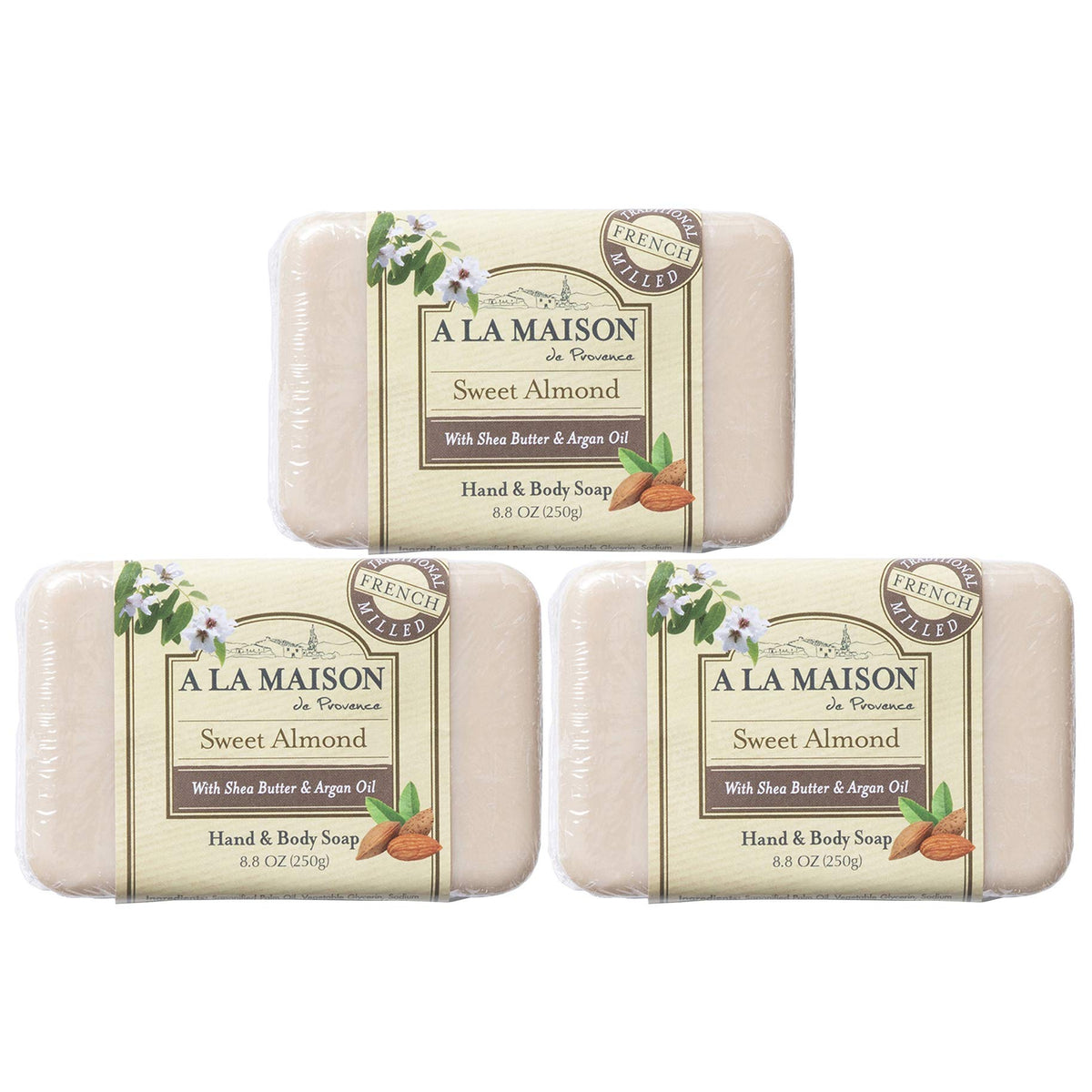 A LA MAISON front packaging showing three sweet almond bars and benefits