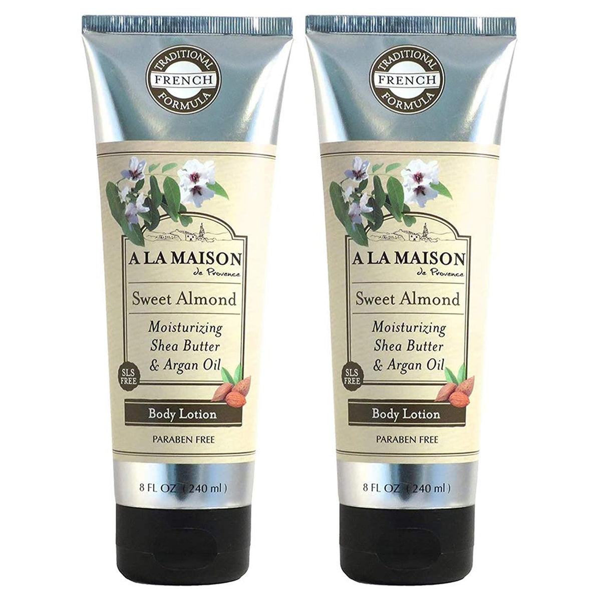 A LA MAISON front packaging showing sweet almond lotion and quick identification benefit