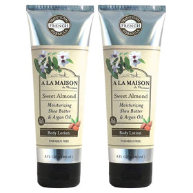 A LA MAISON front packaging showing sweet almond lotion and quick identification benefit