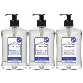 A LA MAISON front packaging showing three unscented bottles and sustainable design benefits
