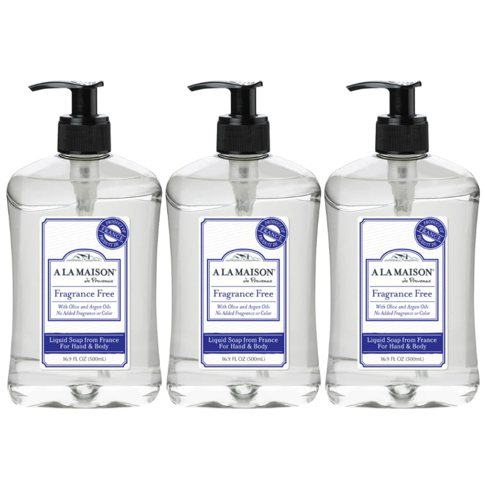 A LA MAISON front packaging showing three unscented bottles and sustainable design benefits