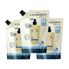 A LA MAISON front pouch showing Fresh Sea Salt label and refill benefit